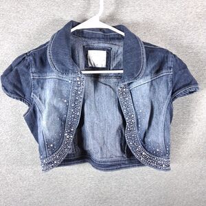 Justice Girls Blue Denim Rhinestone Short Sleeve Crop Bolero Jacket 18